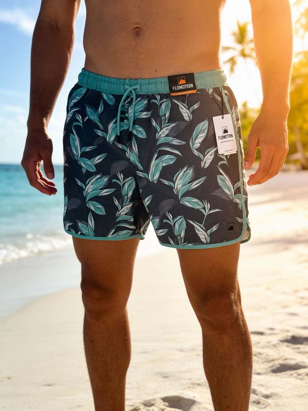 FLOMOTION Leaf Print Swim Volley Shorts 16" Above The Knee XXL